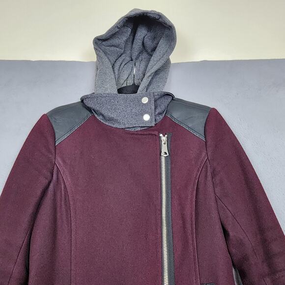 Marc New York Andrew Marc Coat Womens 2 Burgundy Wool Blend Hooded Asym Zip - Picture 5 of 16